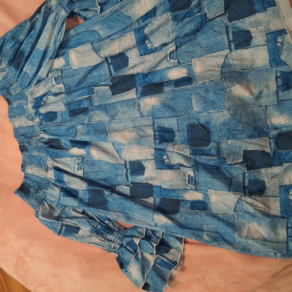 Blue Patchwork Long Sleeve Dress